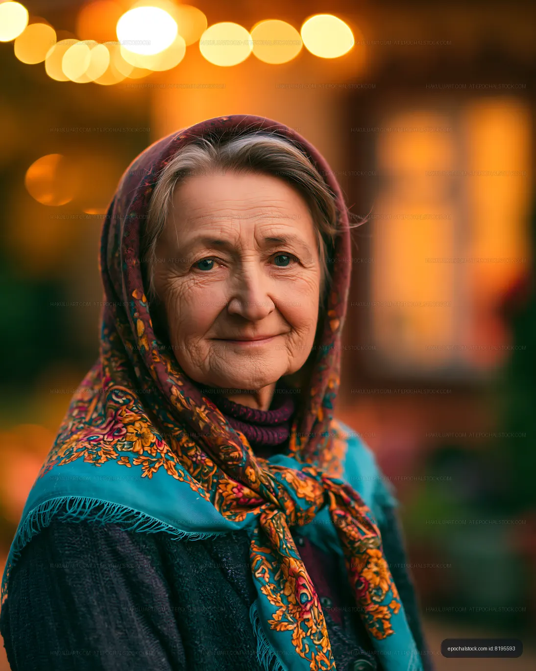 Elderly woman with scarf posing outdoors at sunset