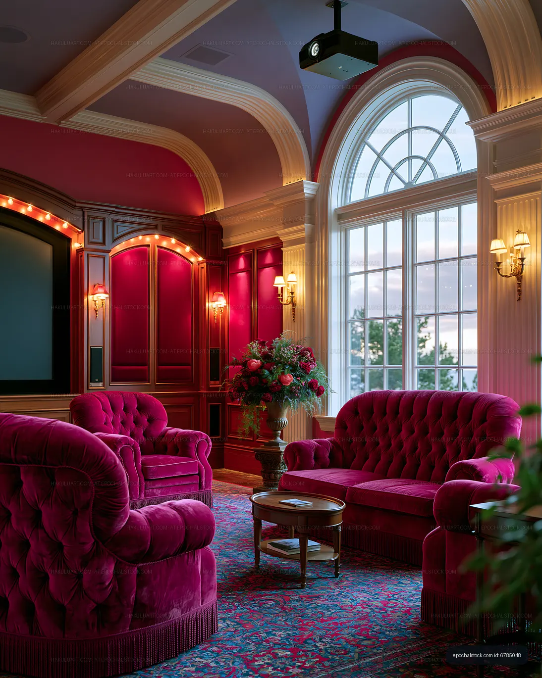 Elegant room with pink sofas and large window