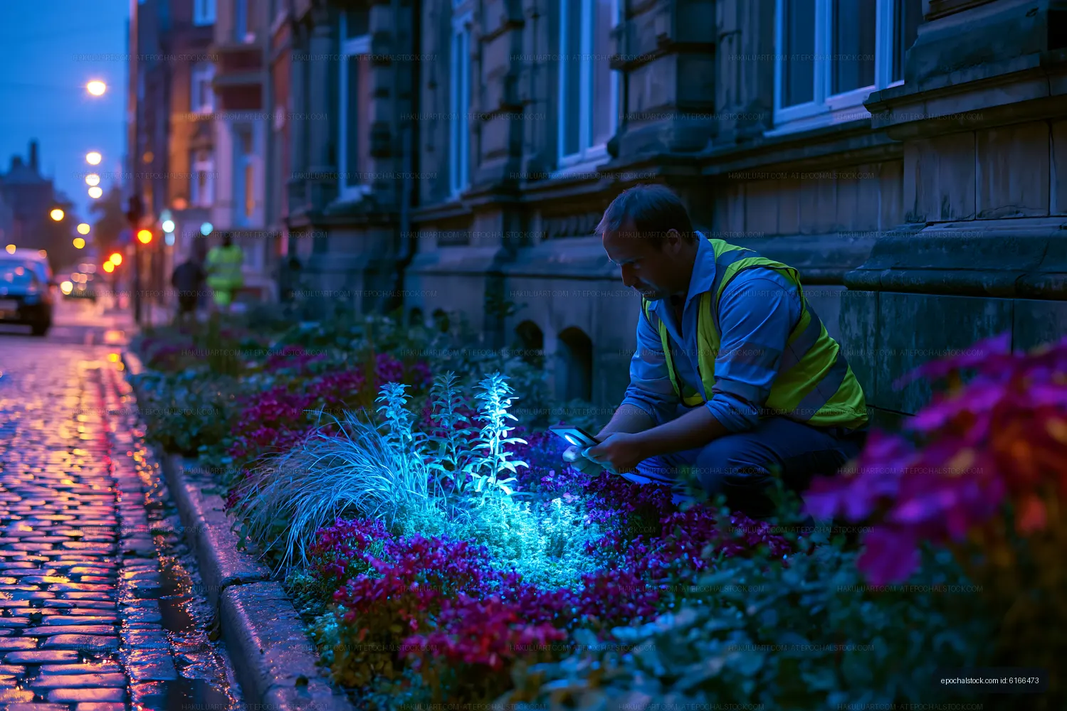 Man using smartphone near flowers in city at night