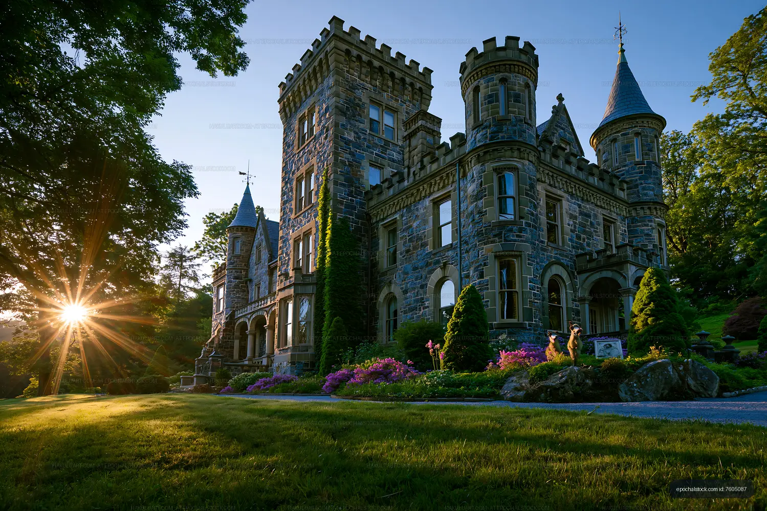 Historic stone castle with towers during sunset