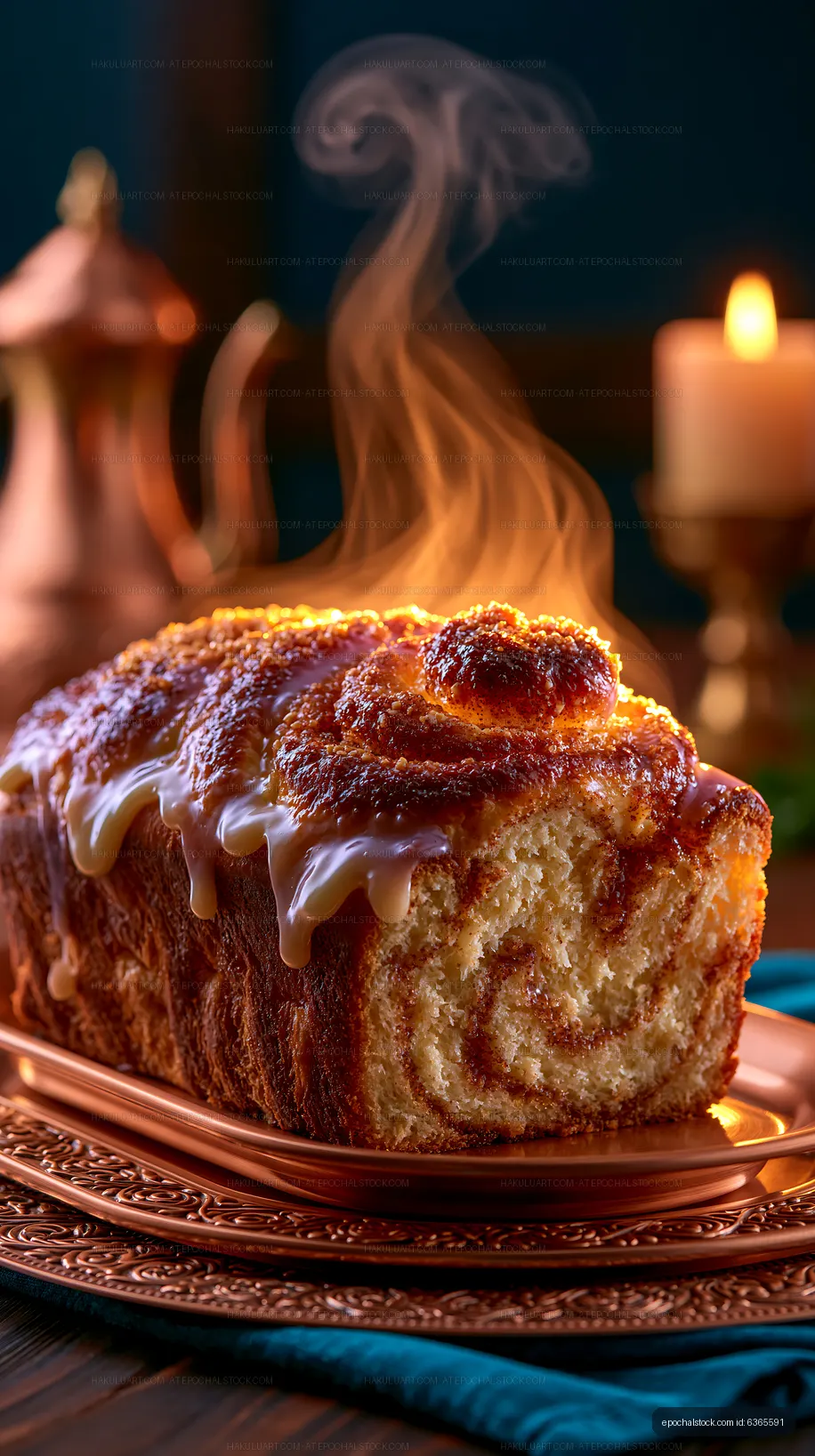 Warm cinnamon loaf on a decorative plate with steam rising