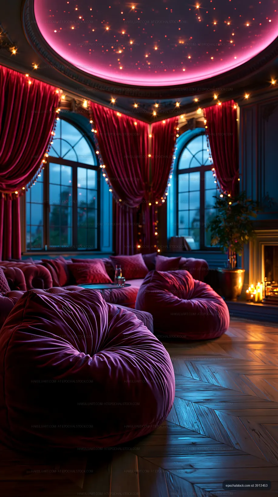 Modern cozy lounge area with warm lighting and soft seating