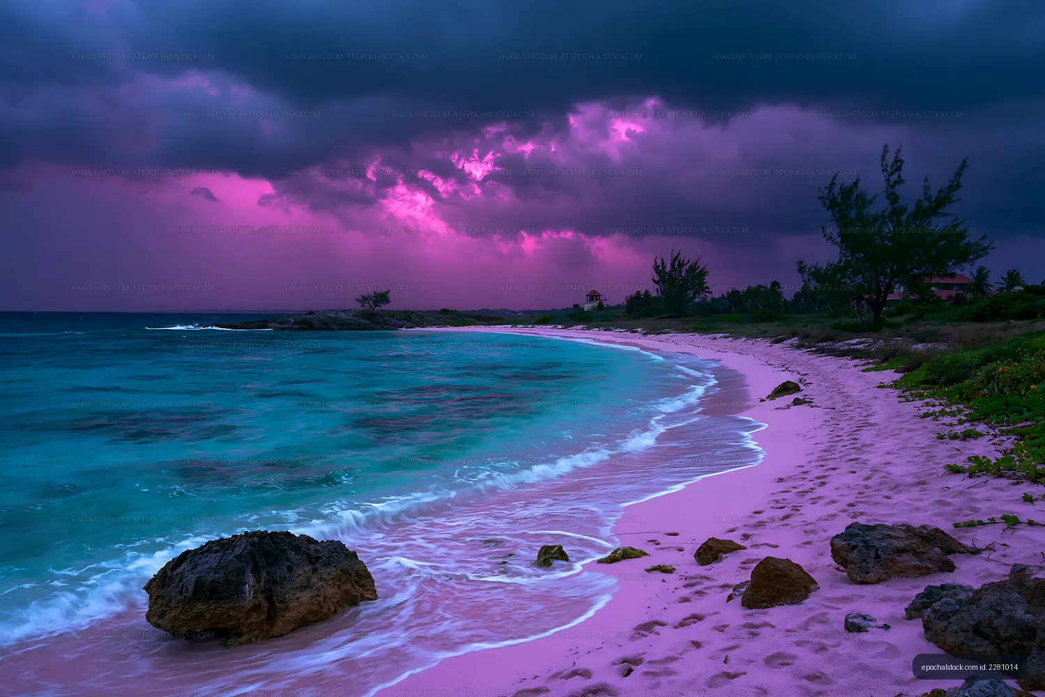 Stormy sky over pink beach with turquoise water and rocky shore