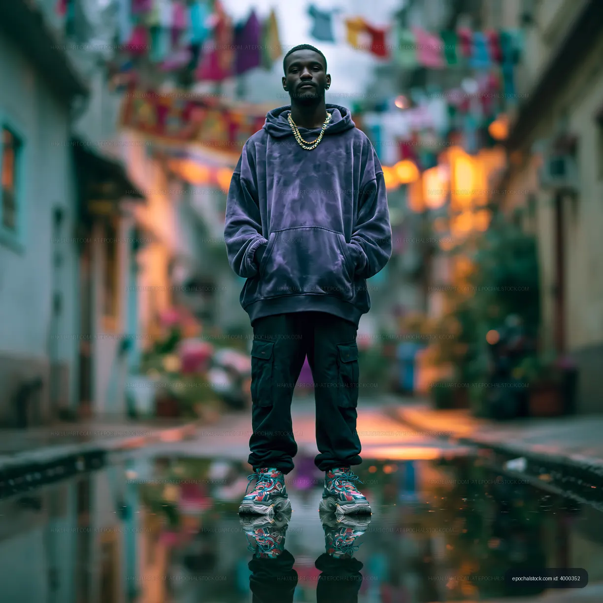 Urban man standing confidently in colorful alleyway at dusk