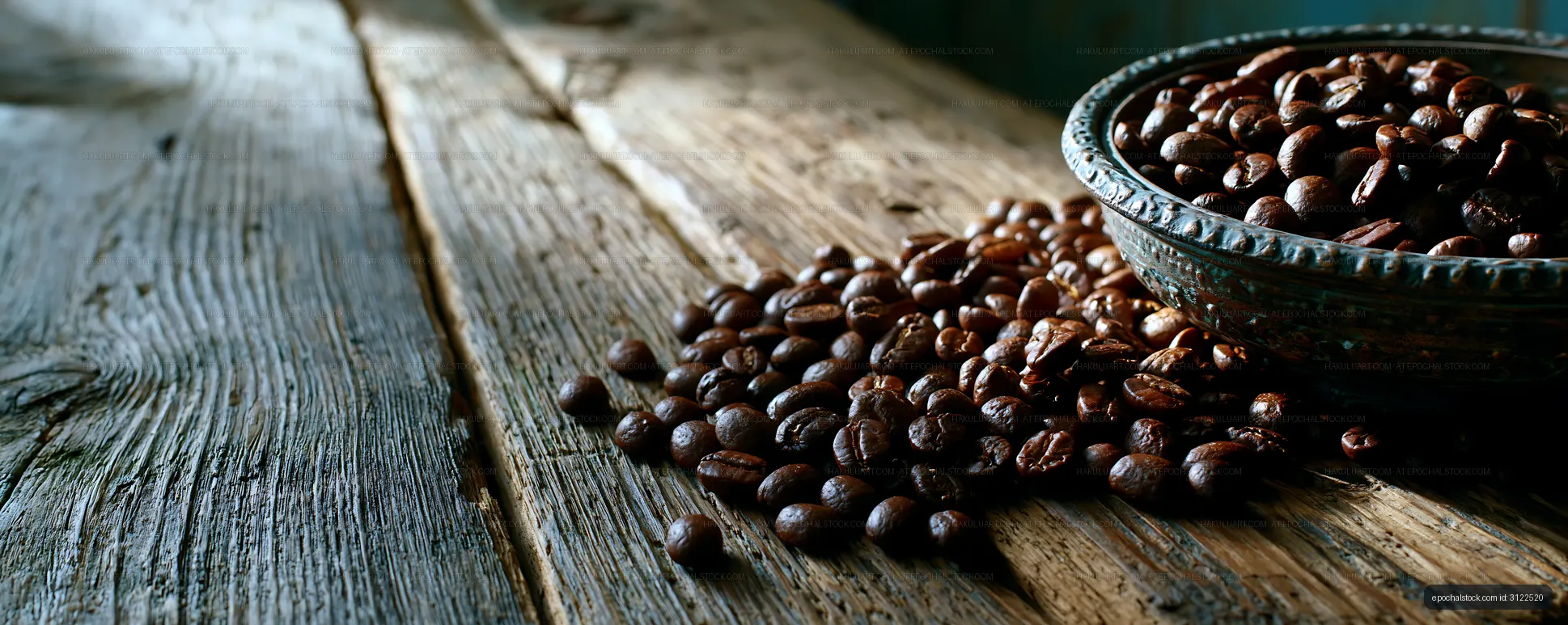 Fresh coffee beans spilled on wooden table
