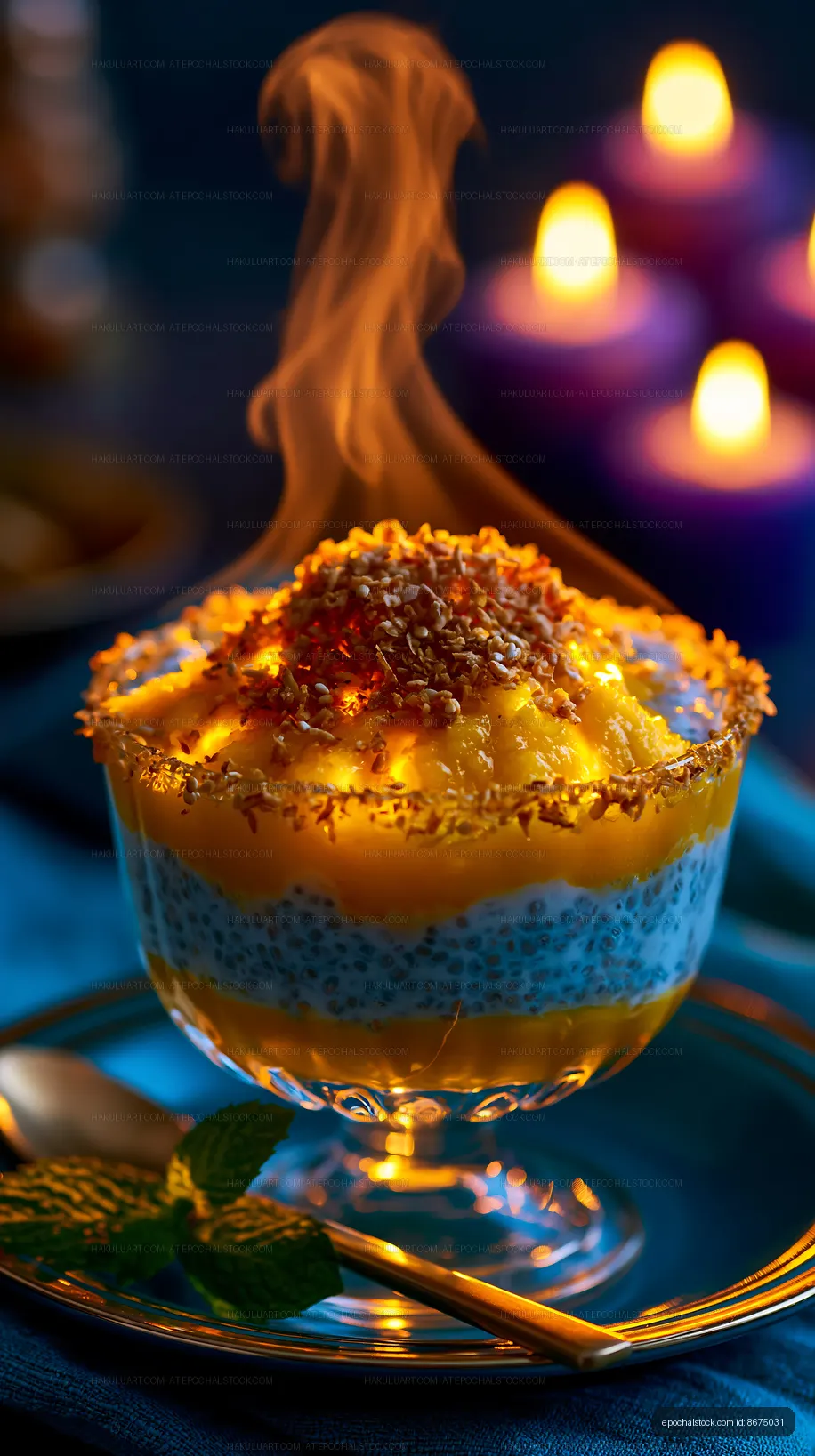 Flaming dessert with layers of cream and nuts on blue background