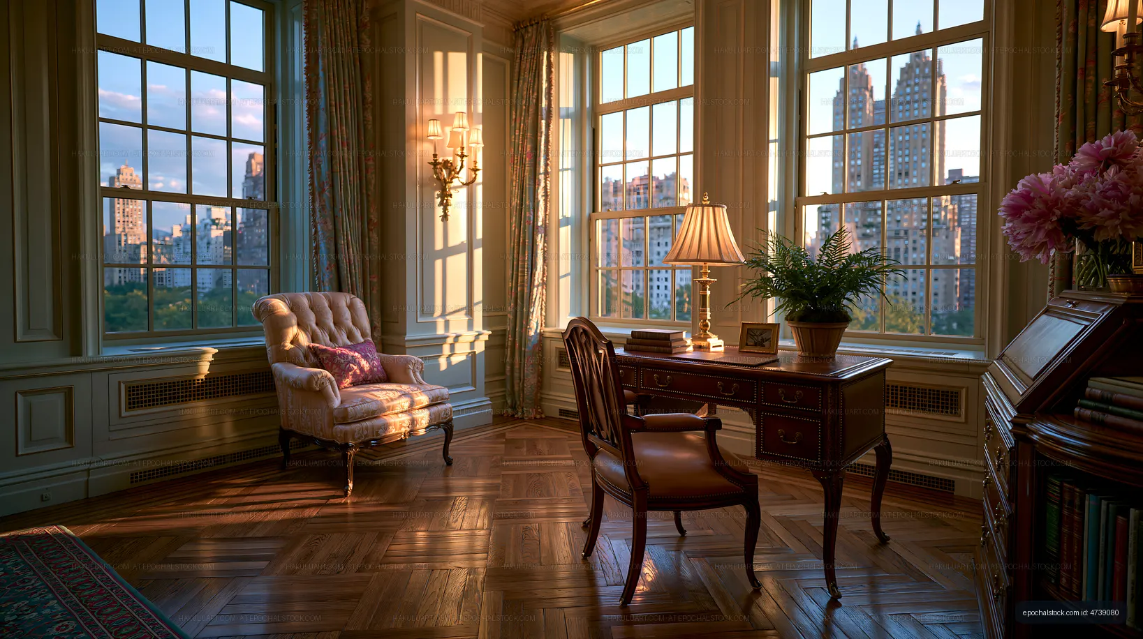 Cozy workspace with a view of the city skyline at sunset
