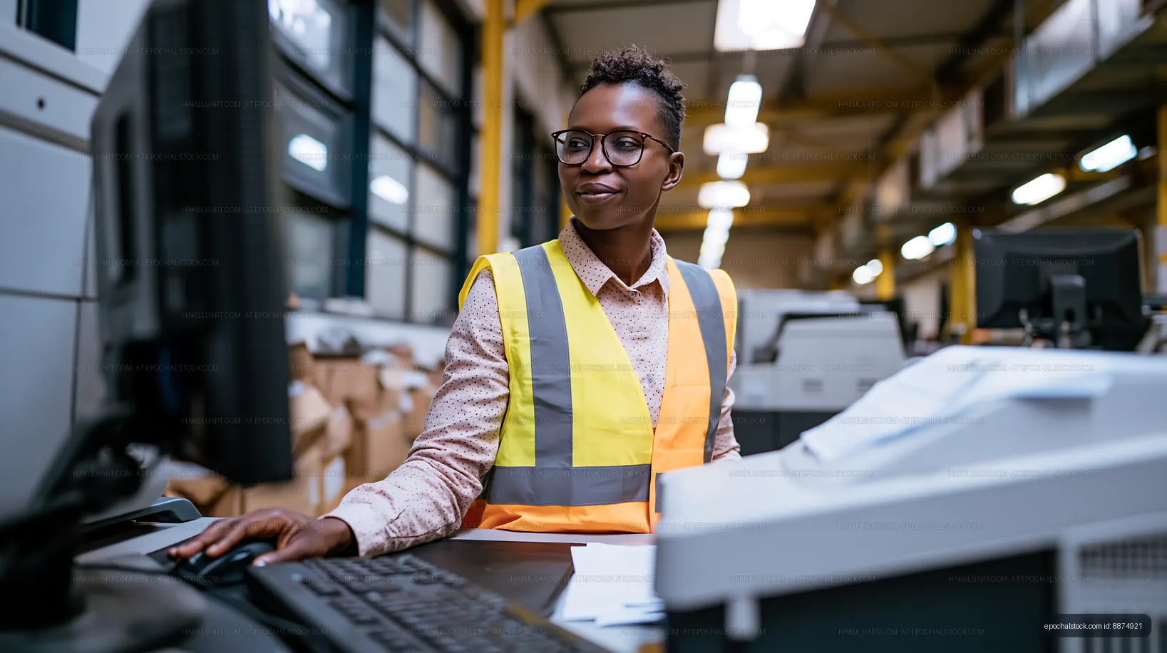 Worker in safety vest using computer in warehouse