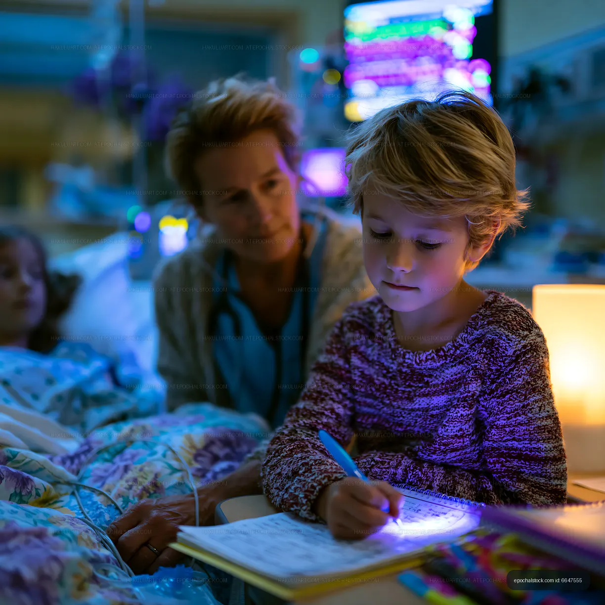 Child writing in hospital room with caregiver nearby