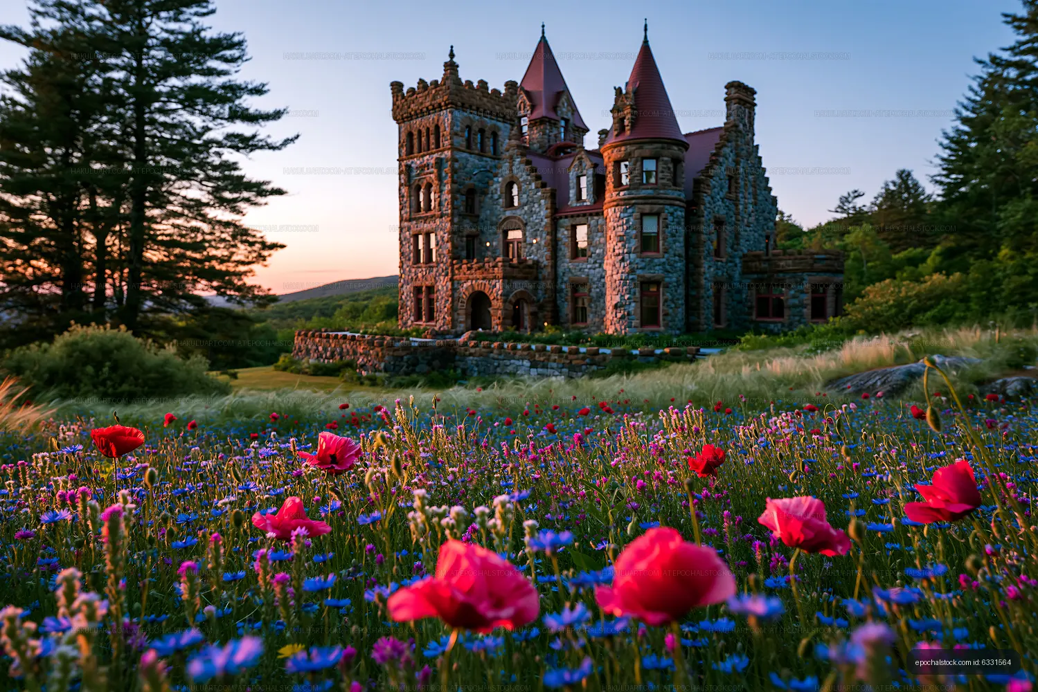 Historic stone castle surrounded by wildflowers at sunset