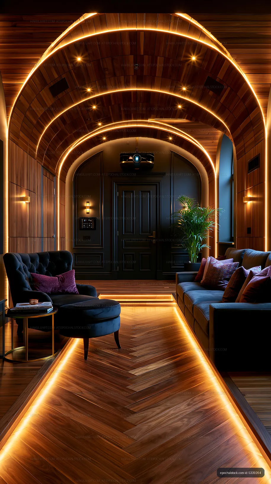 Modern interior design with warm lighting in a cozy space