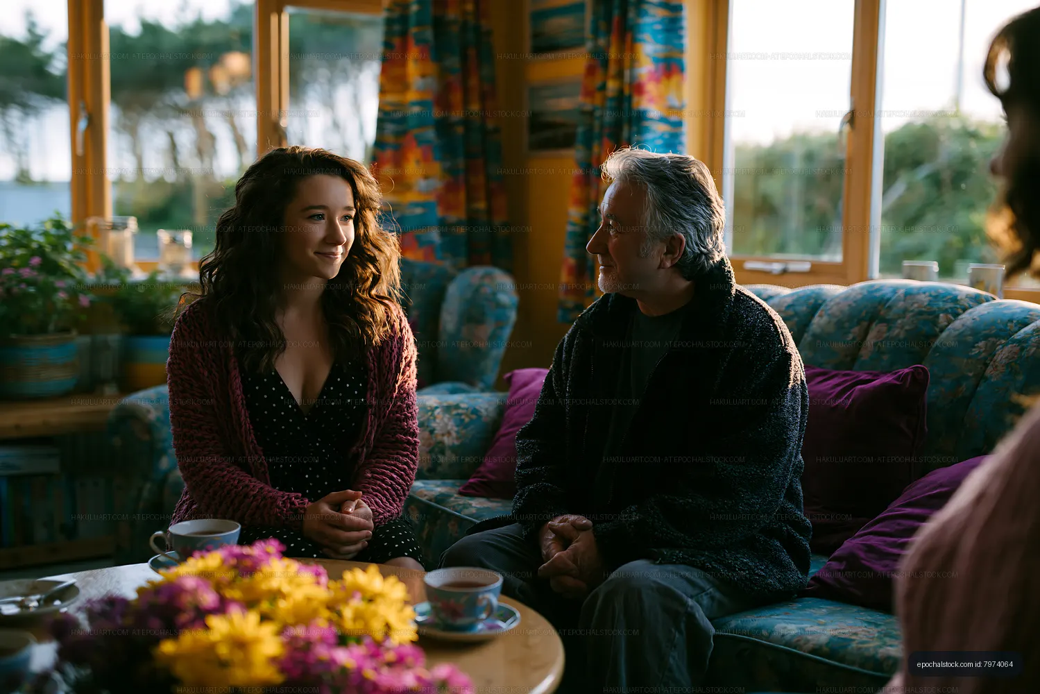 People sitting and talking in a cozy living room during sunset
