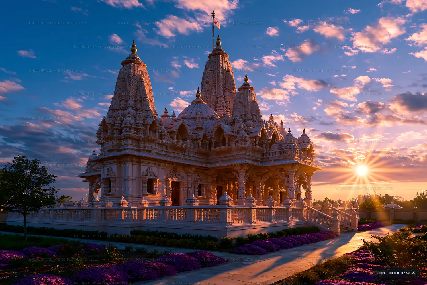 Sunset at a temple with colorful flowers and clouds in the sky