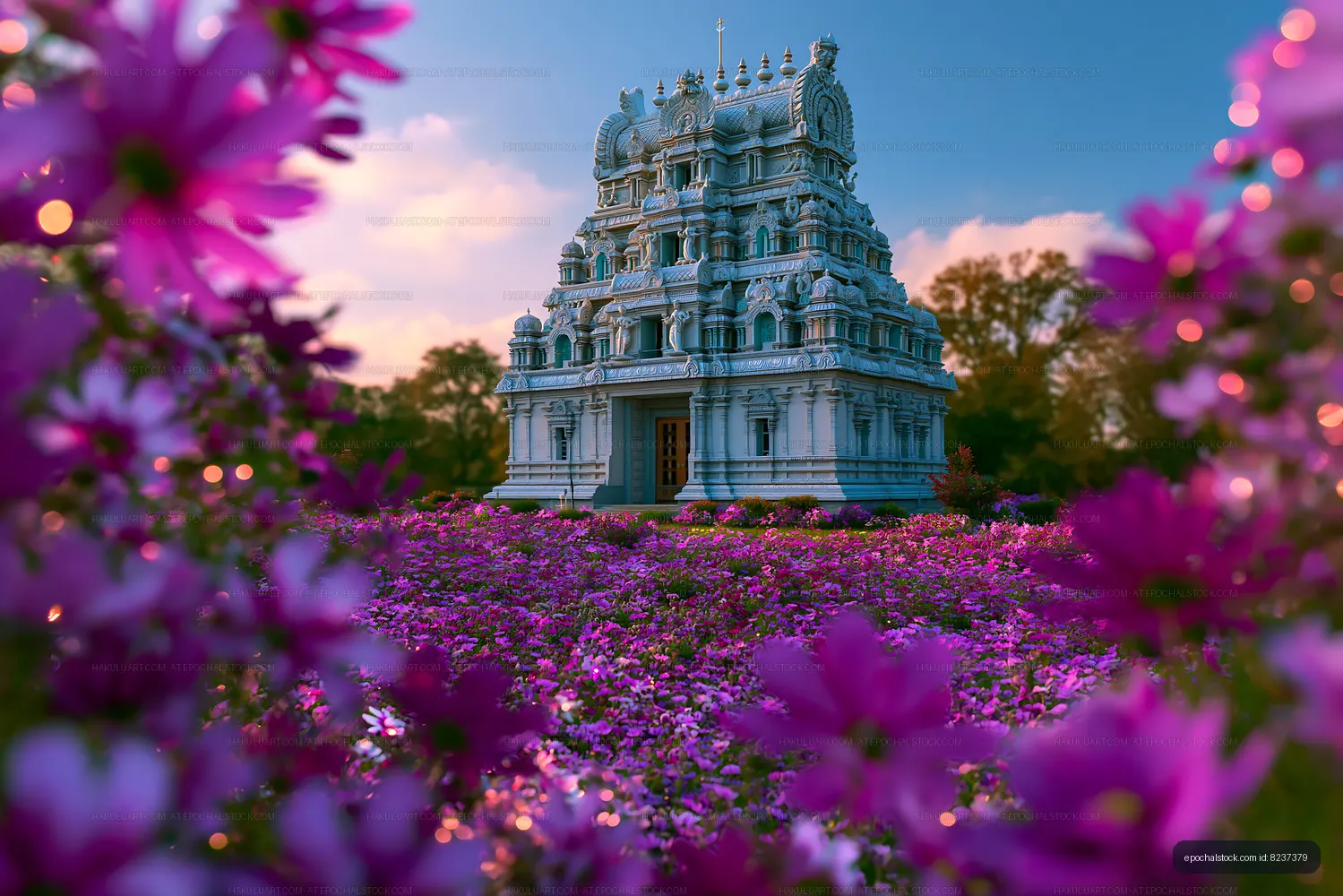 Colorful flowers surround a temple at sunset