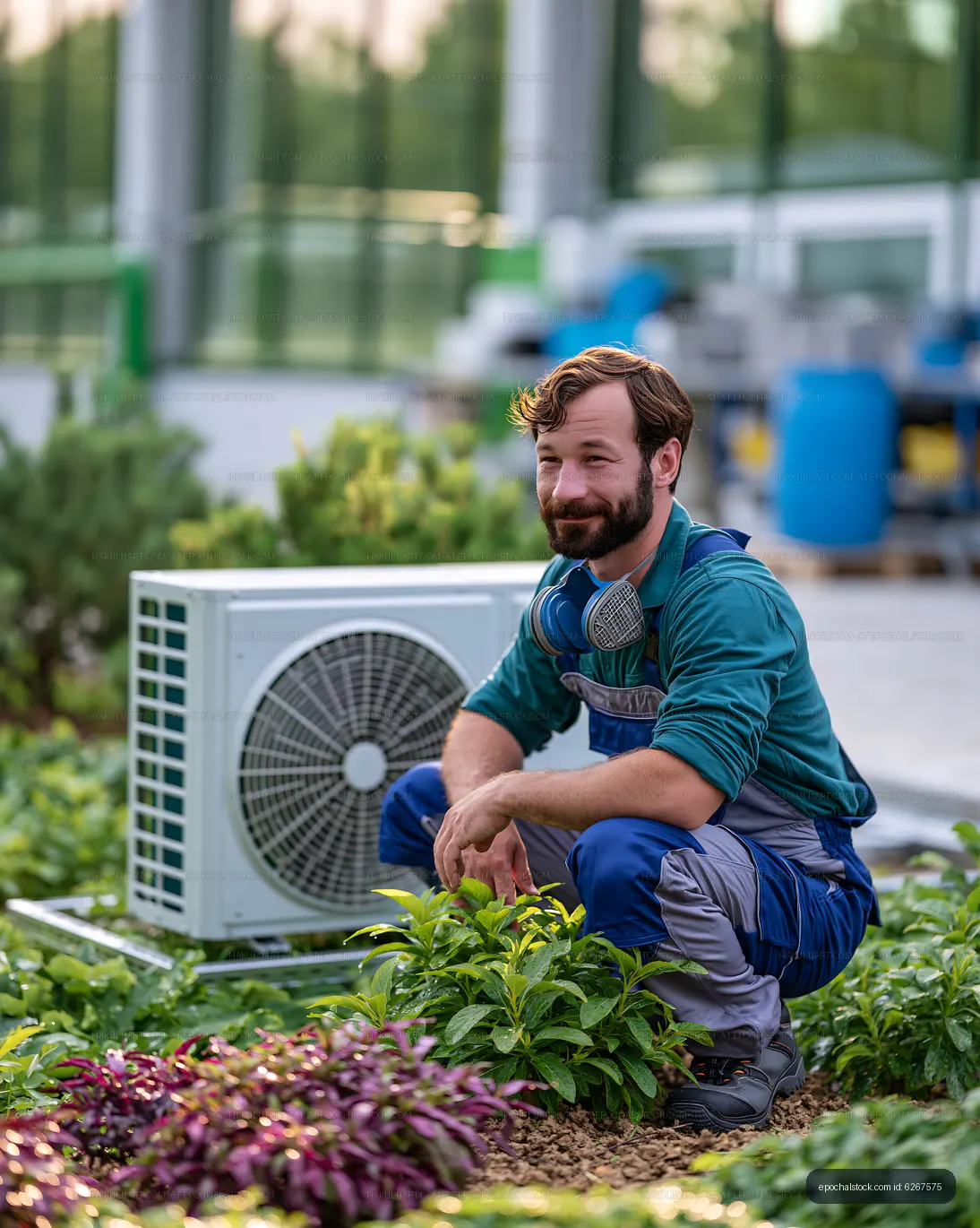 Worker in garden wearing mask and crouching near air conditioner