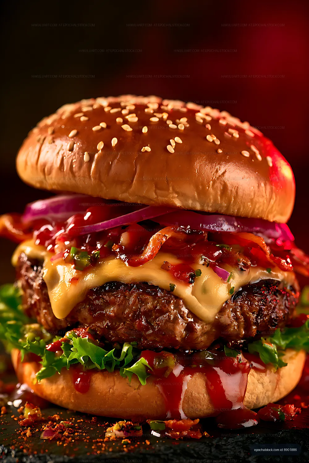 Juicy hamburger with cheese and bacon on sesame bun