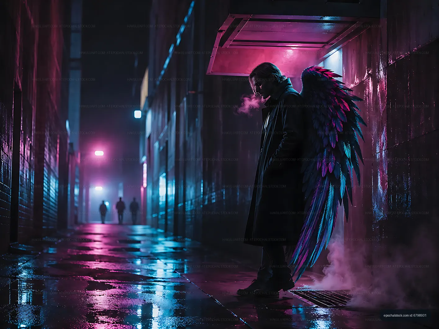 Person standing in alley with colorful wings at night