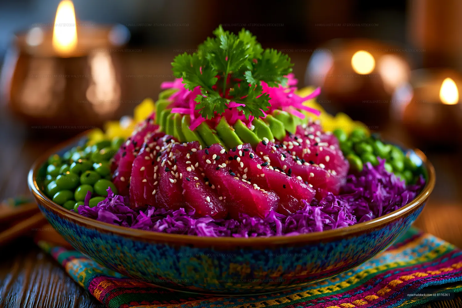 Colorful fresh salad bowl with vegetables and fish on a wooden table