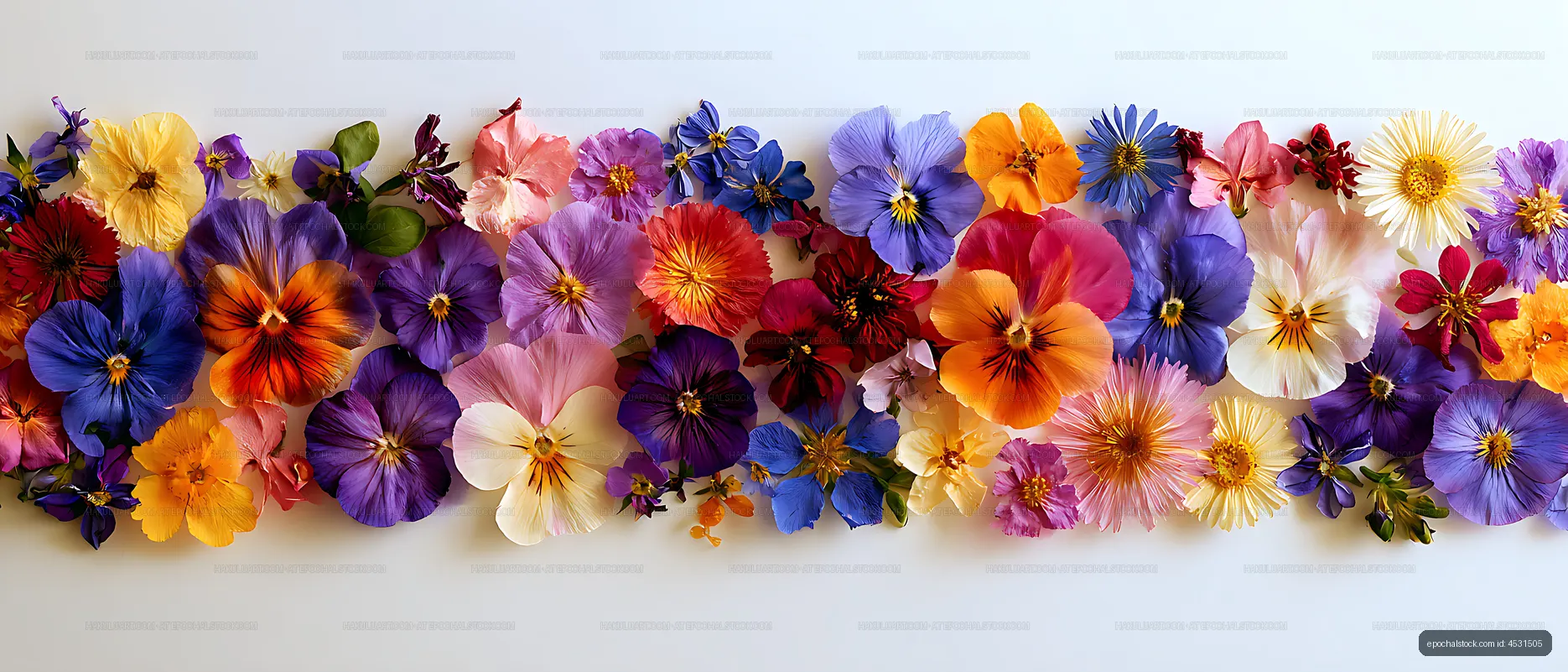 Colorful pressed flowers on white background