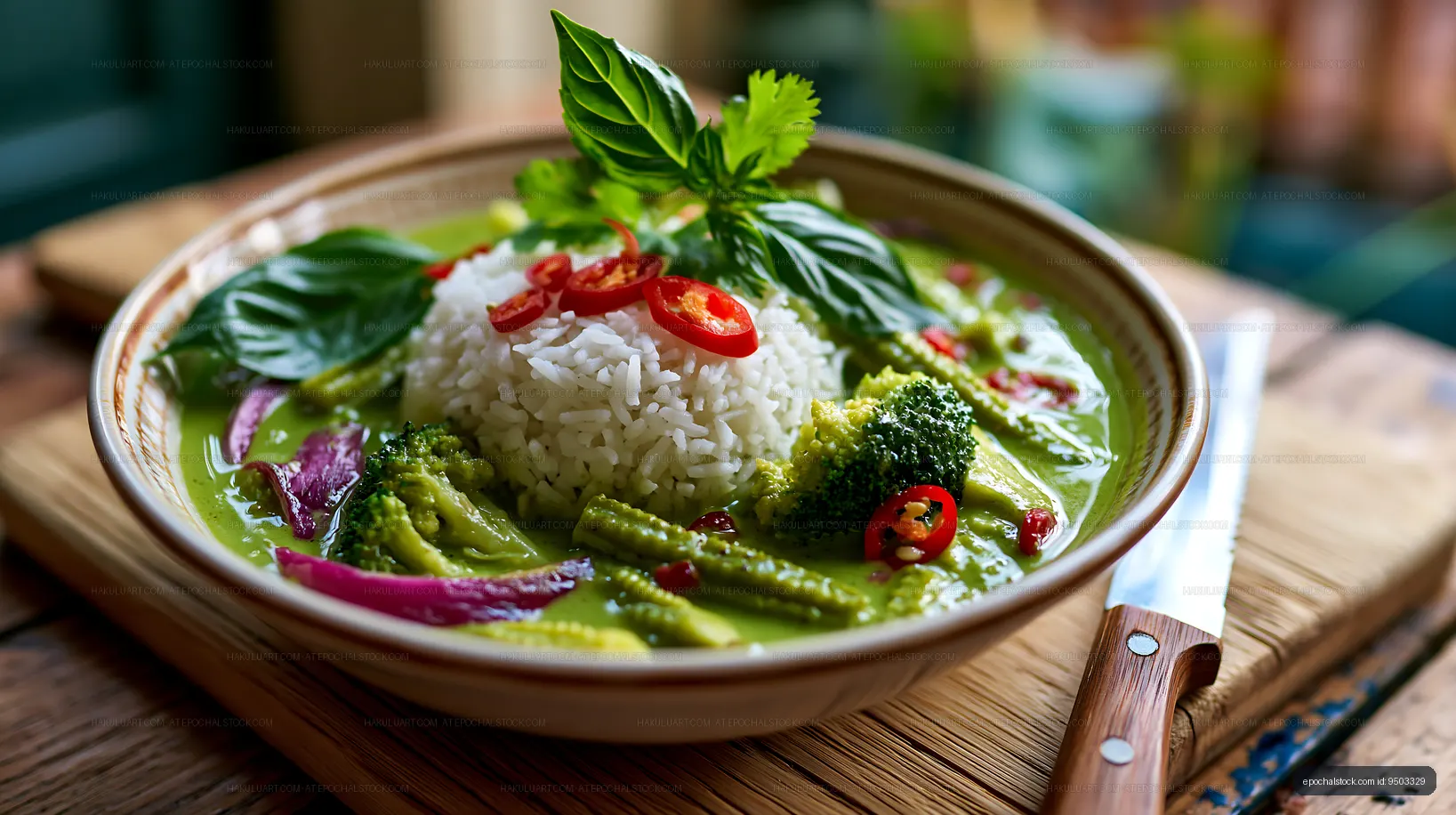 Vegetable curry with rice served in a bowl on a wooden table