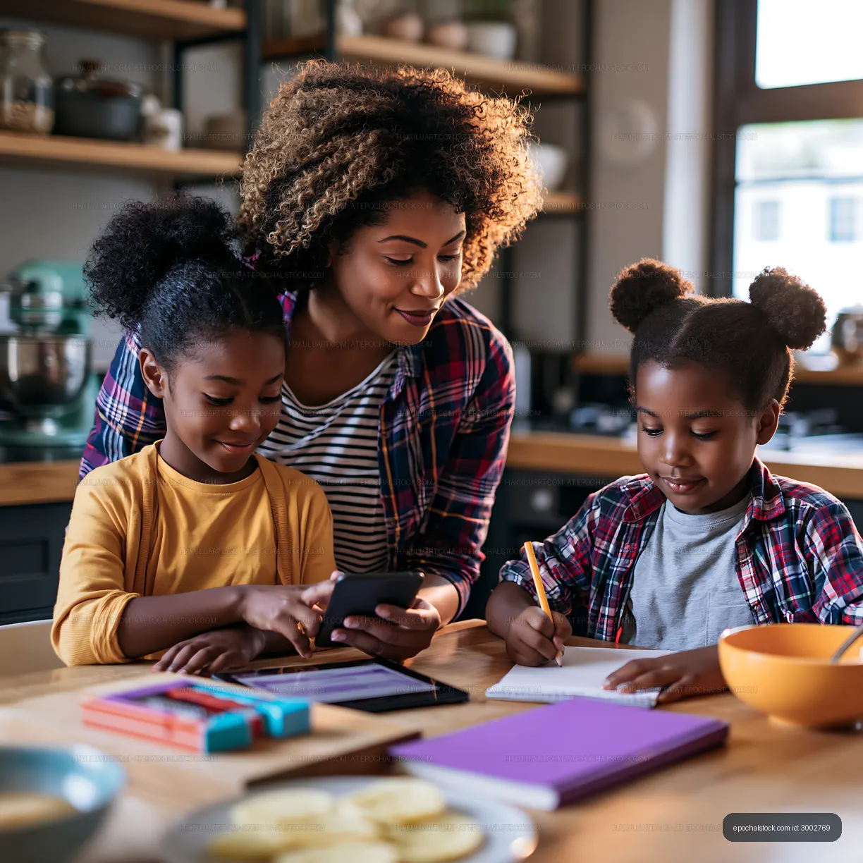 Mother helping children with homework in a cozy kitchen