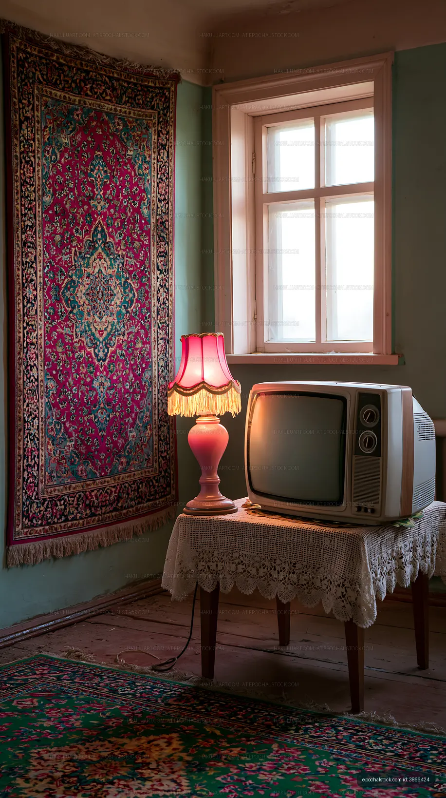 Vintage decor with a rug, lamp, and old television in a room