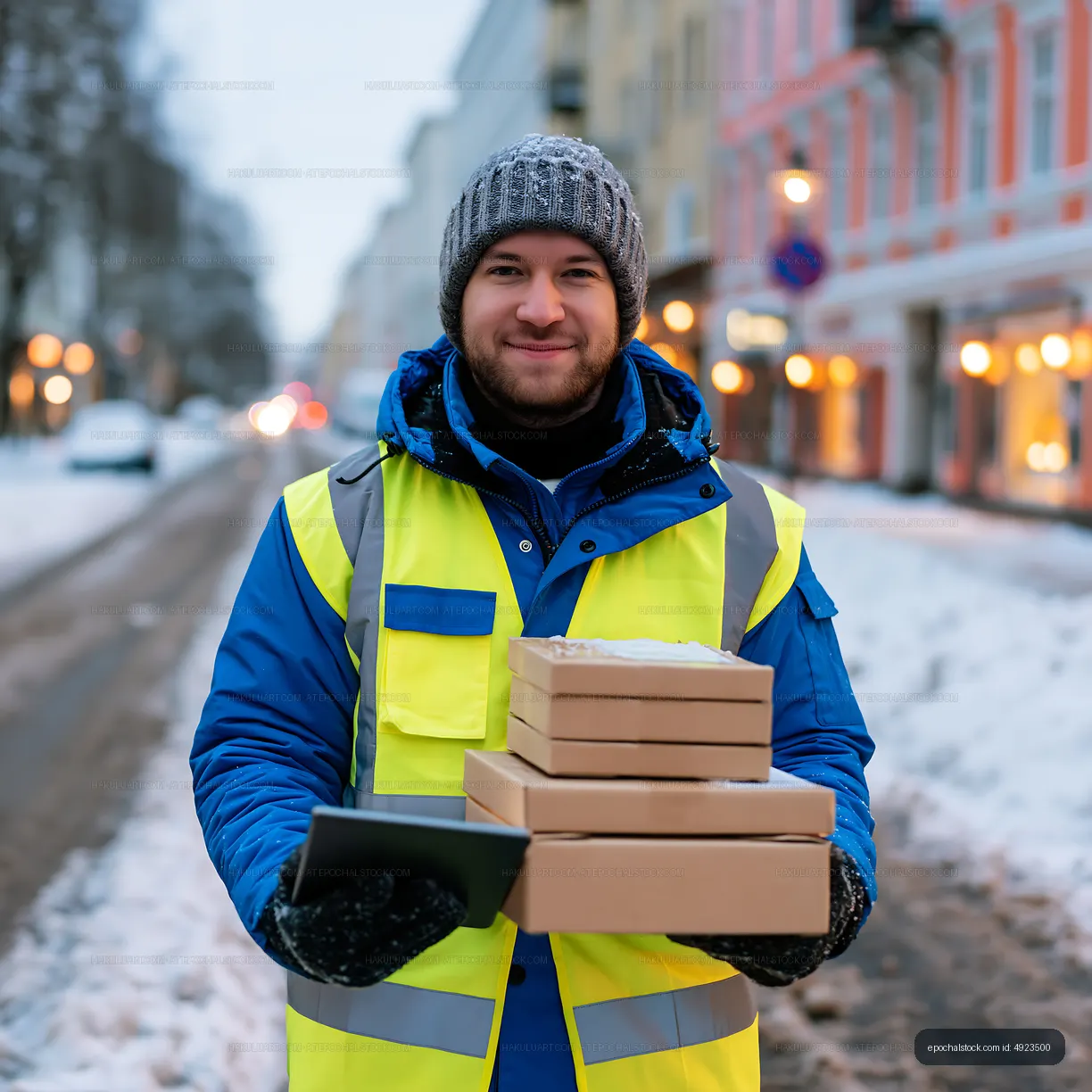 Delivery worker carrying packages on city street in winter