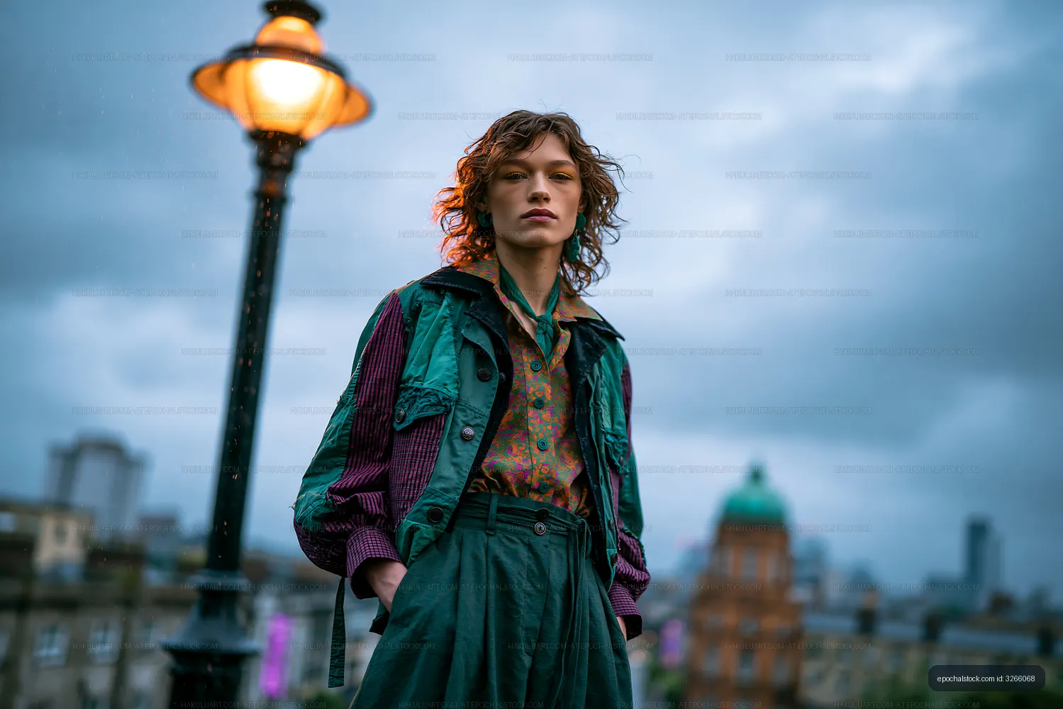 Model posing near streetlamp during cloudy evening