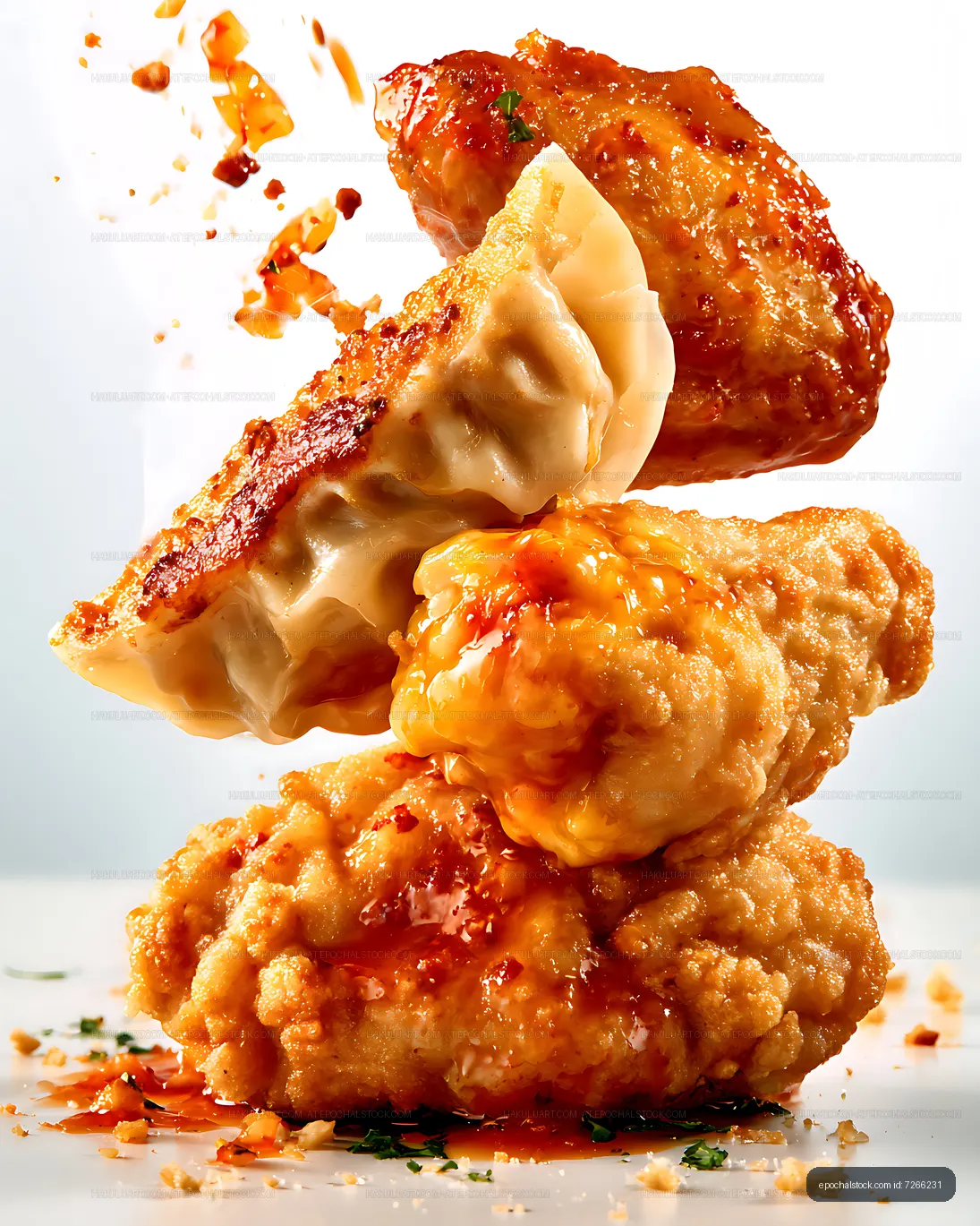 Tasty fried chicken wings and dumplings stacked with sauce
