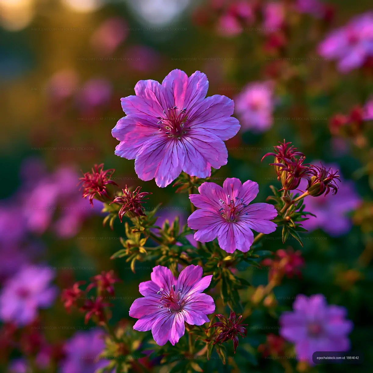 Purple flowers blooming in a garden at sunset