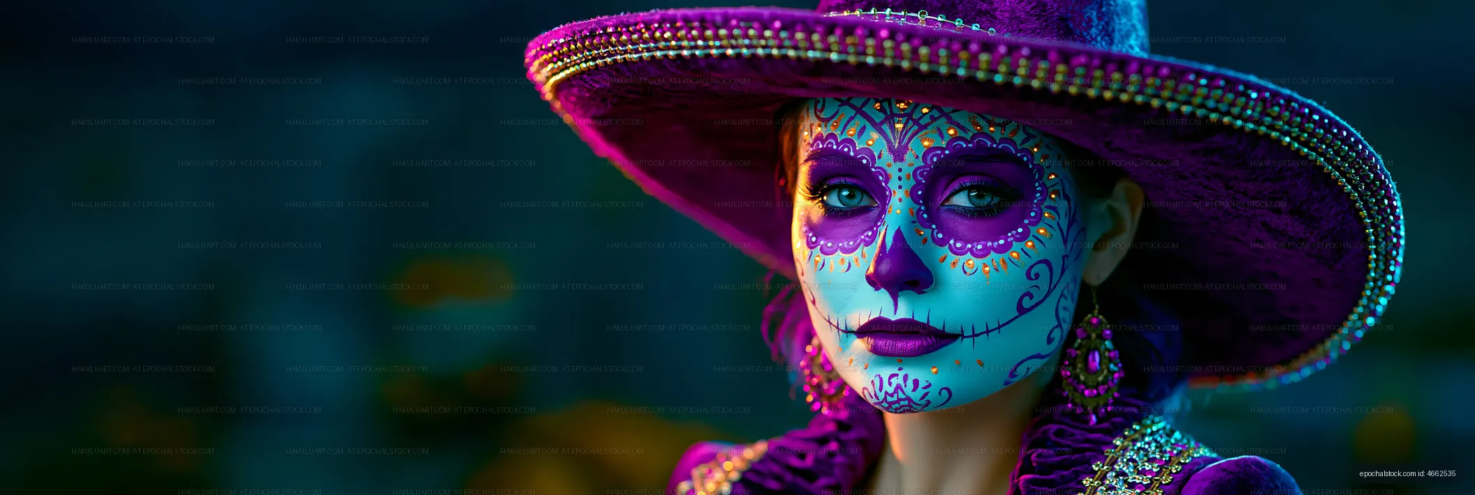 Colorful skull makeup with purple hat and costume