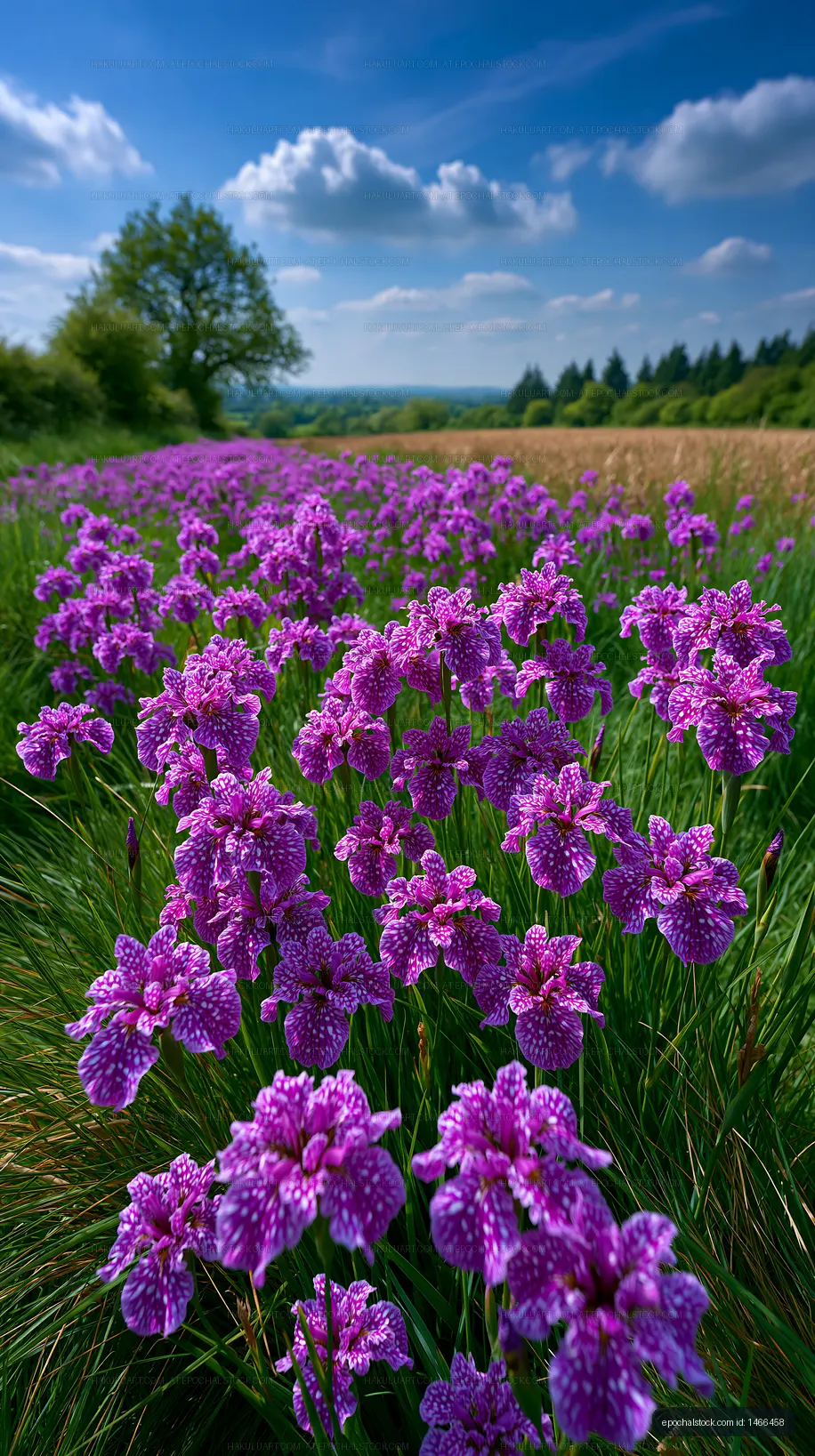 Purple flowers in a field under a blue sky with clouds