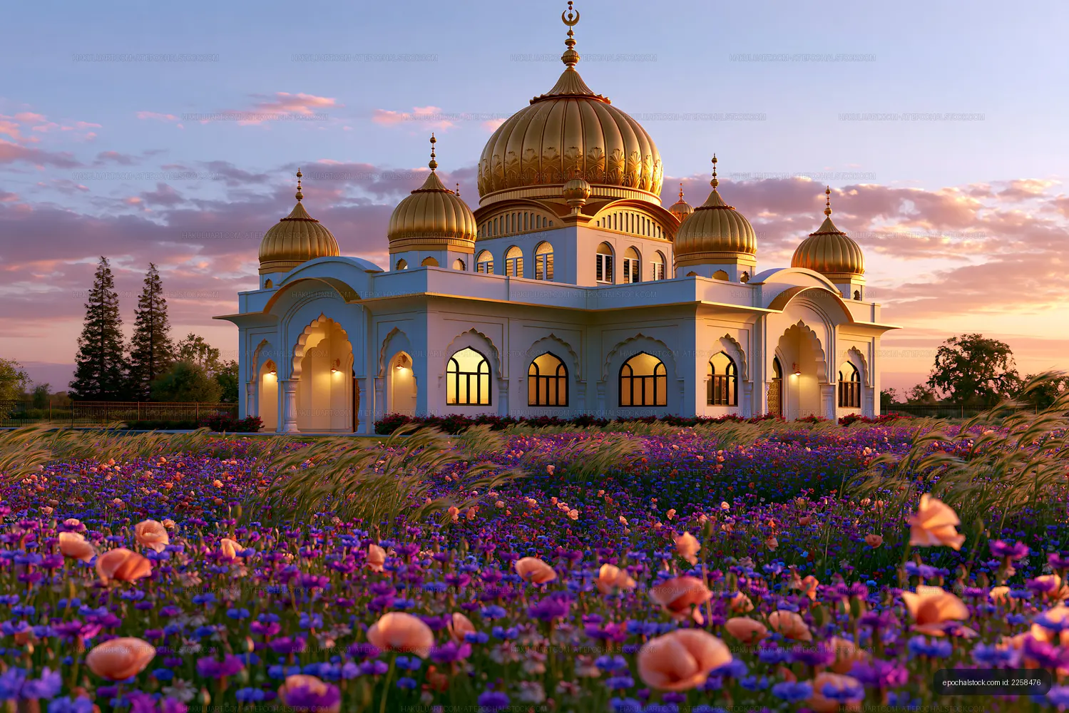 Golden dome temple with flowers during sunset