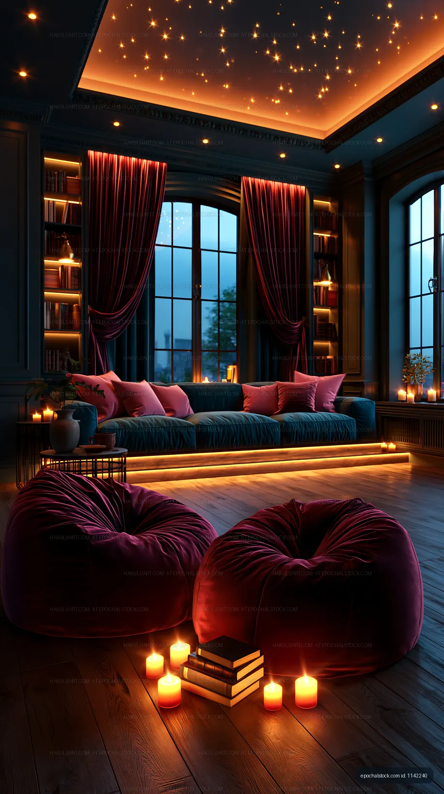 Cozy living room with warm lights and comfortable seating