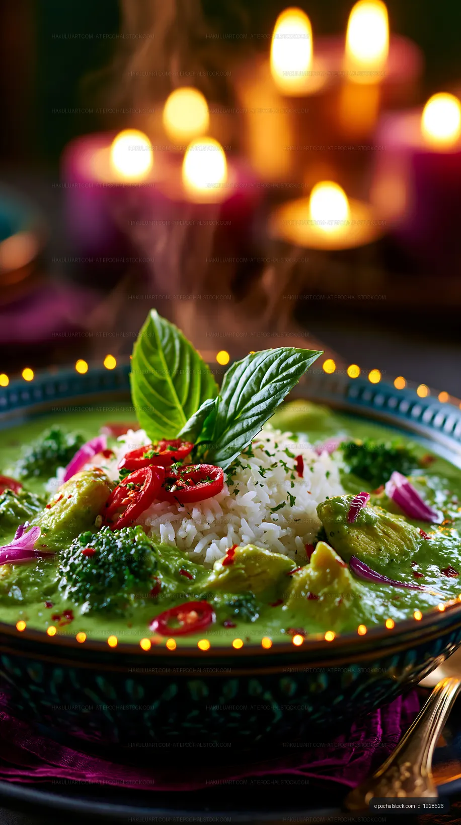 Green curry with rice and vegetables in a bowl with candles