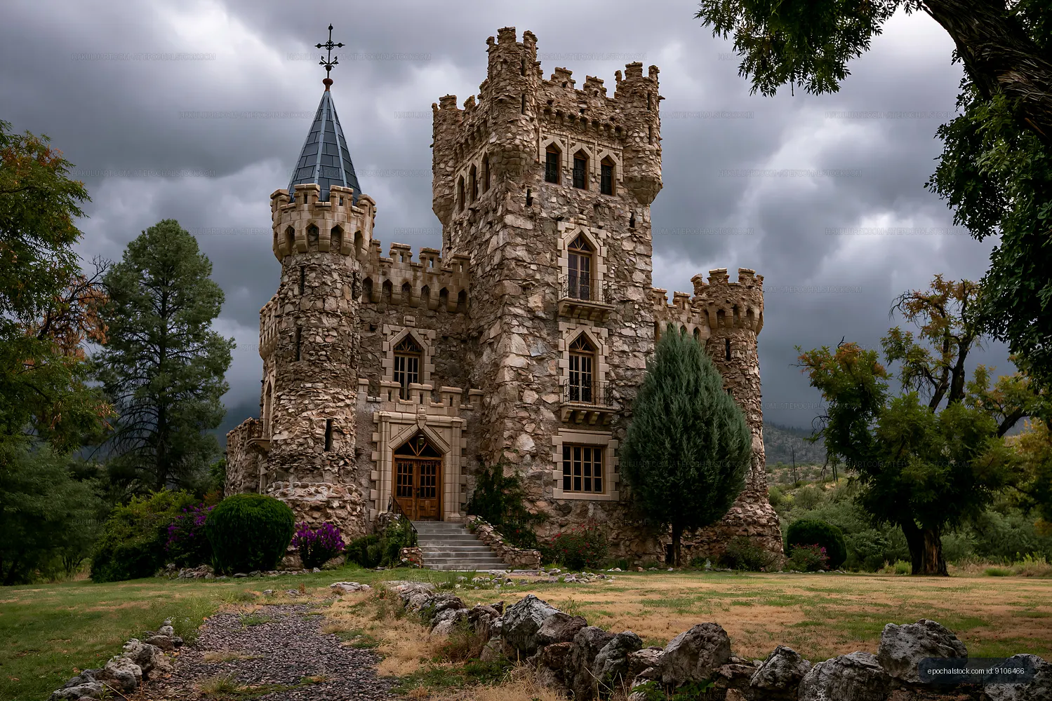 Historic stone castle with turret under cloudy sky