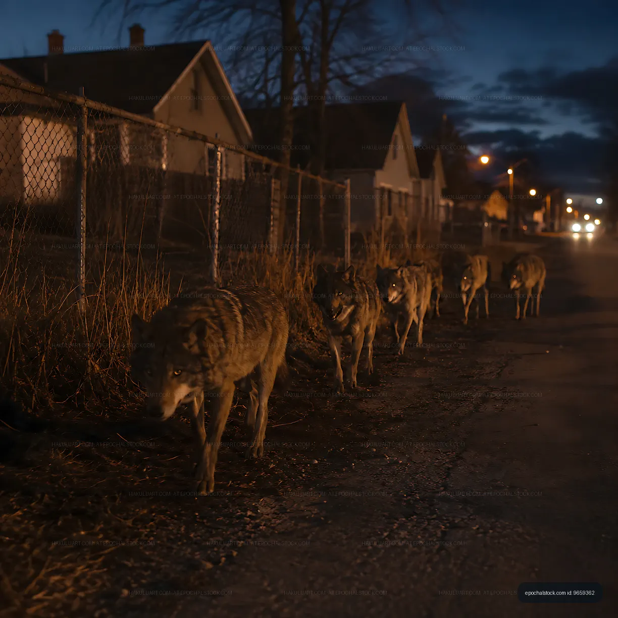 Wolves walking along a street in a suburban area at night