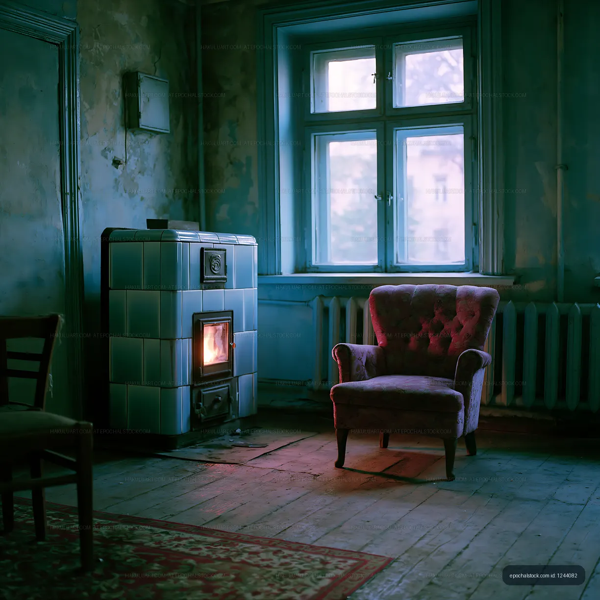 Old room with a chair and a stove by the window