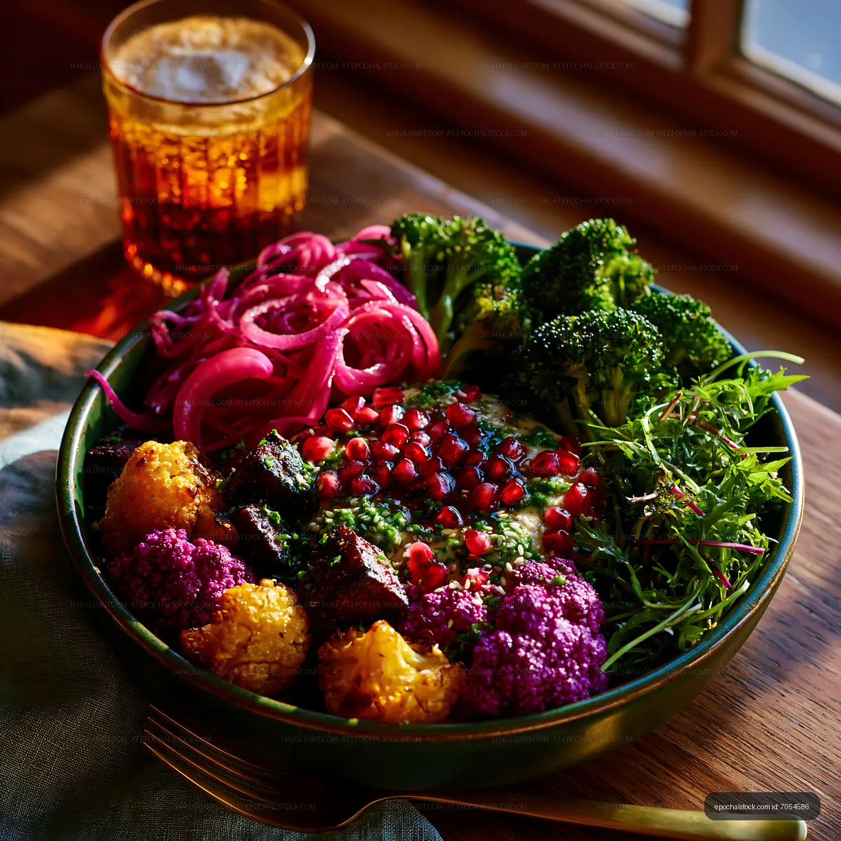 Colorful vegetable dish on a wooden table with drink nearby