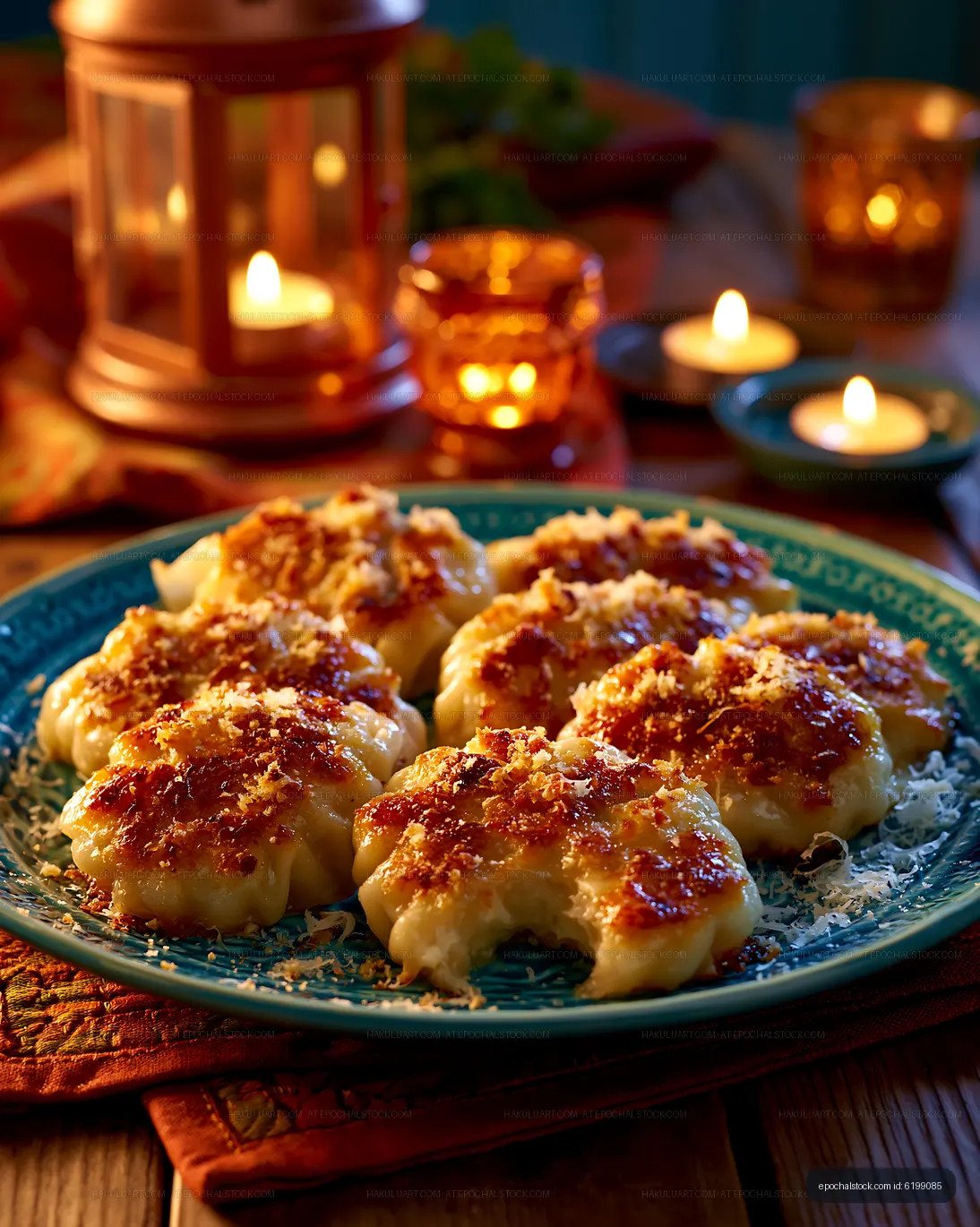 Delicious baked dumplings served on a blue plate