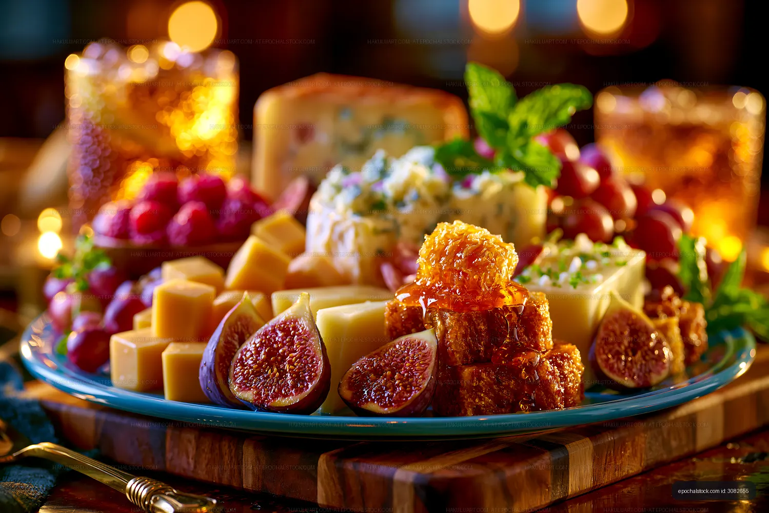 Colorful platter of assorted cheeses and fruits on wooden table