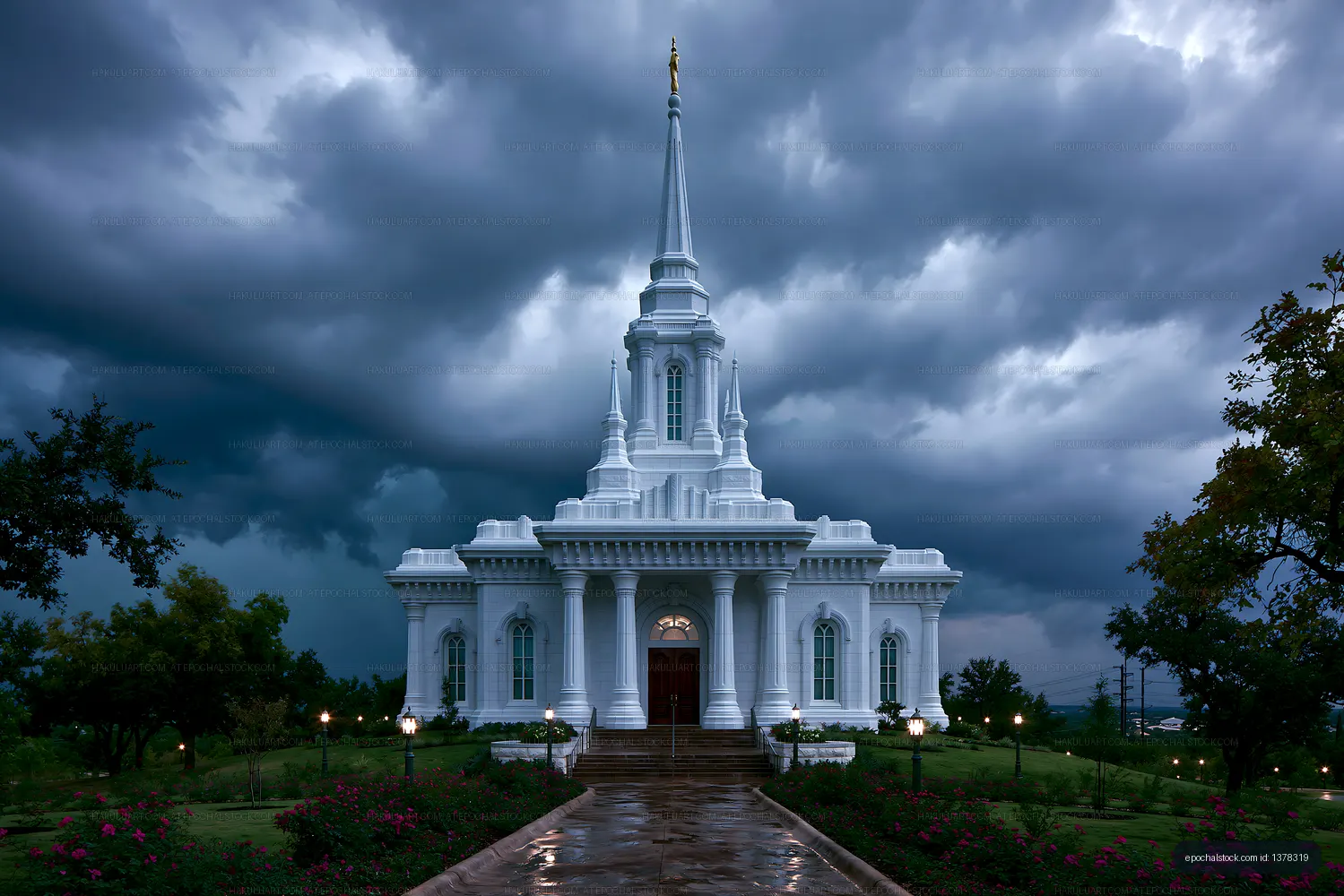 White church building under dark stormy sky