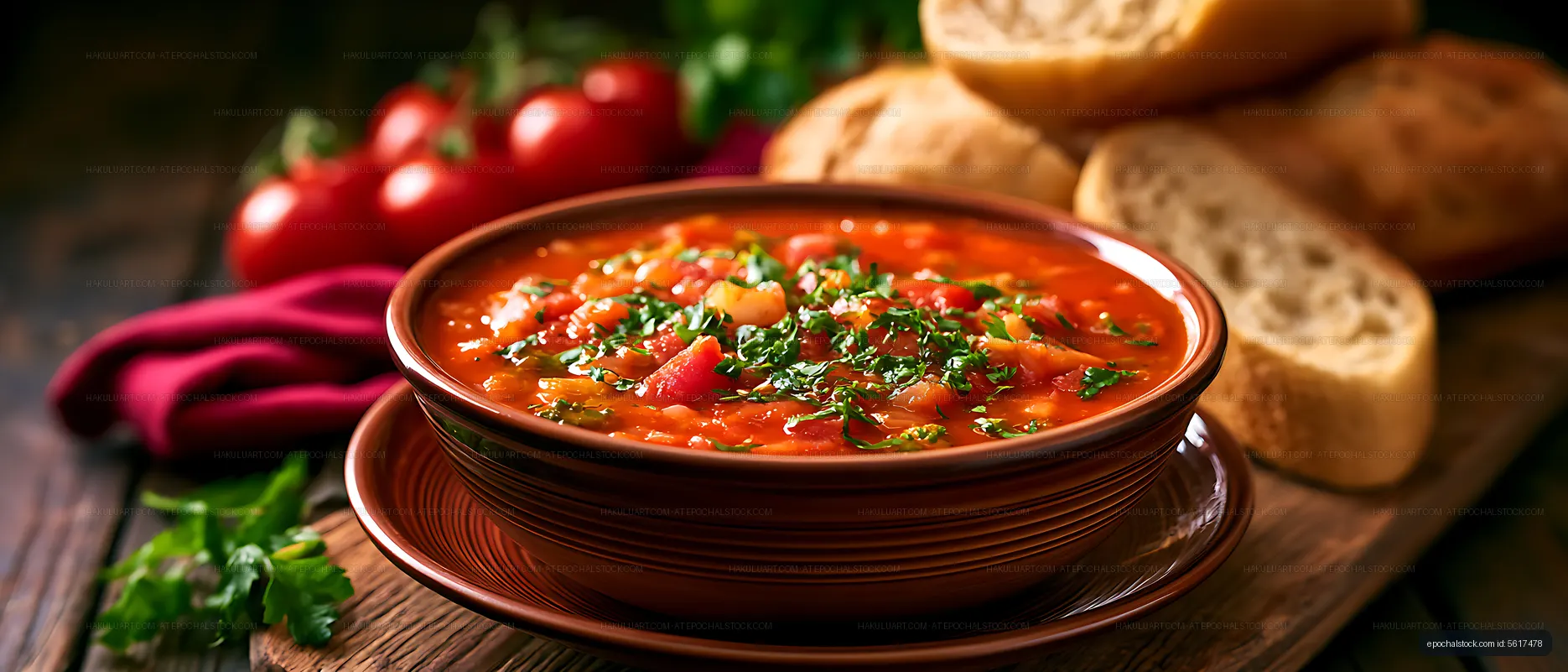 Warm vegetable soup in a bowl with bread on wooden table