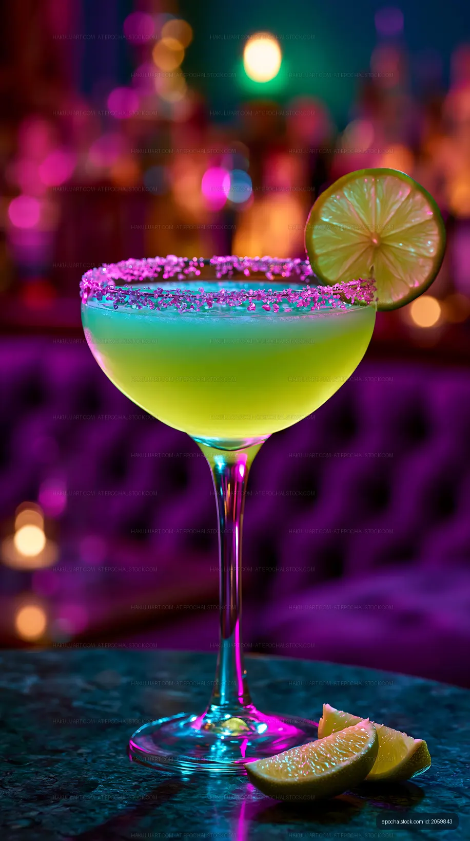 Colorful cocktail with lime slice in a vibrant bar setting
