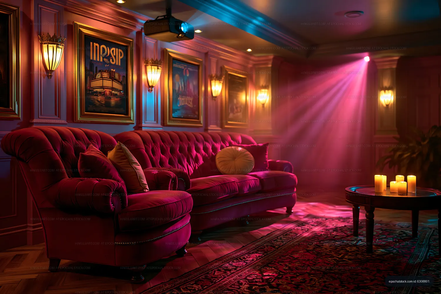 Cozy interior with velvet couch and warm lighting