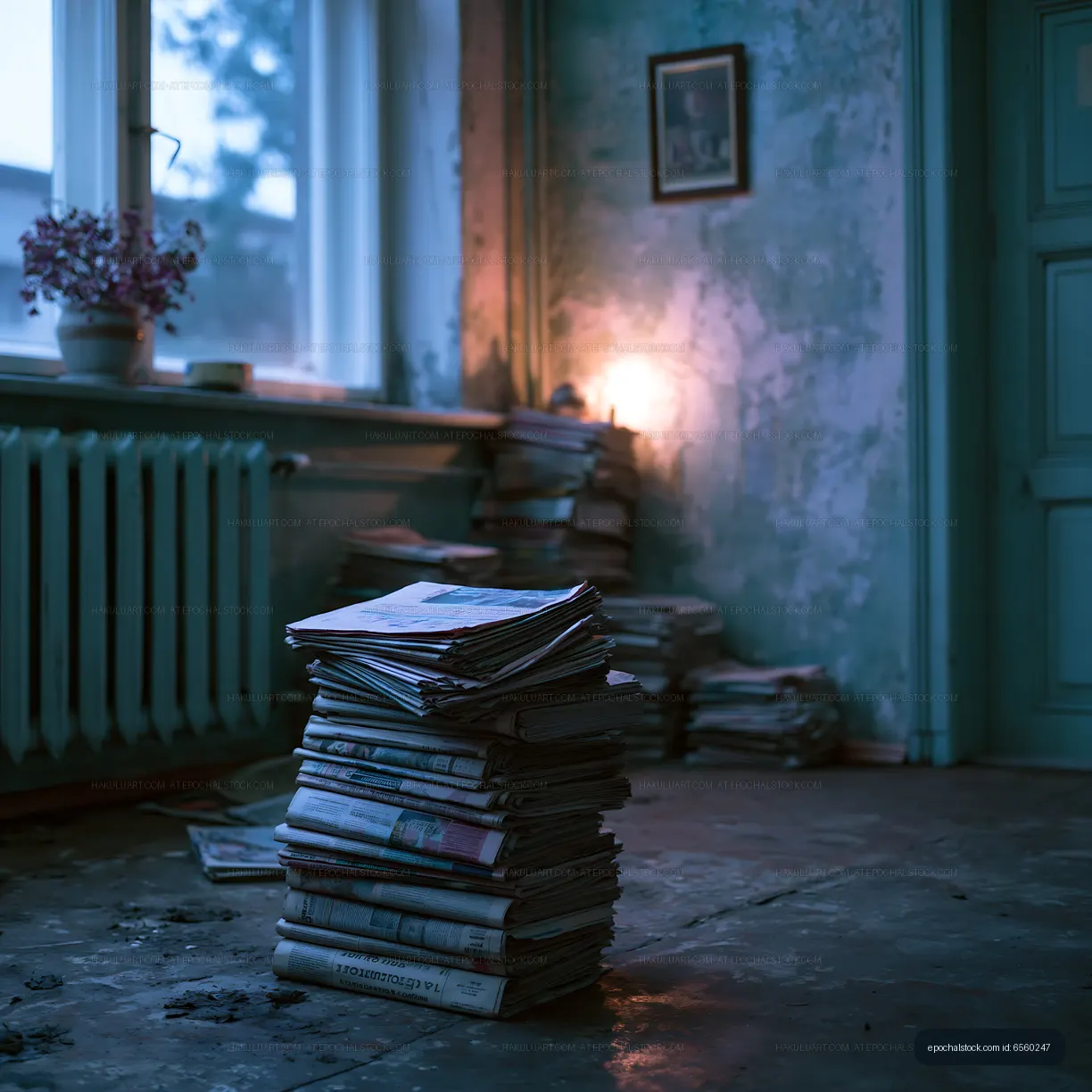 Stack of old newspapers in a dimly lit room
