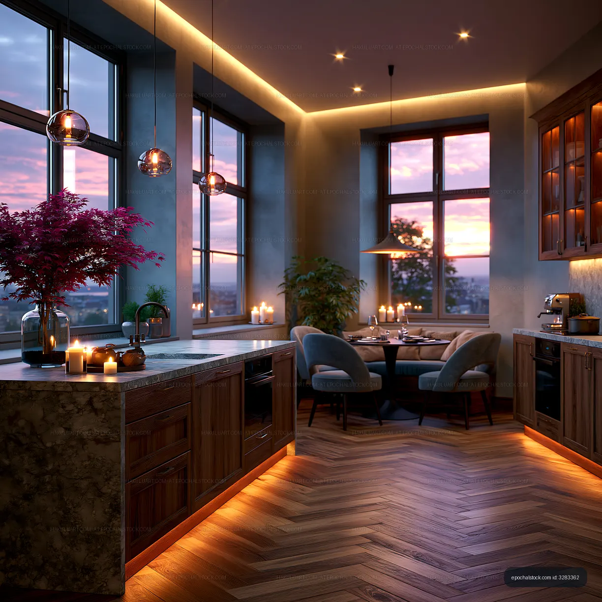 Cozy evening kitchen with modern design and sunset view