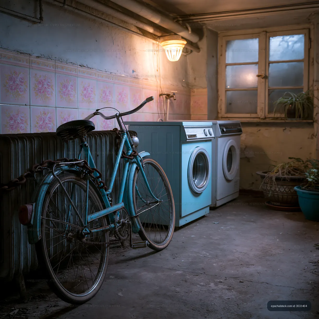 Bicycle stands in a laundry room next to a washing machine