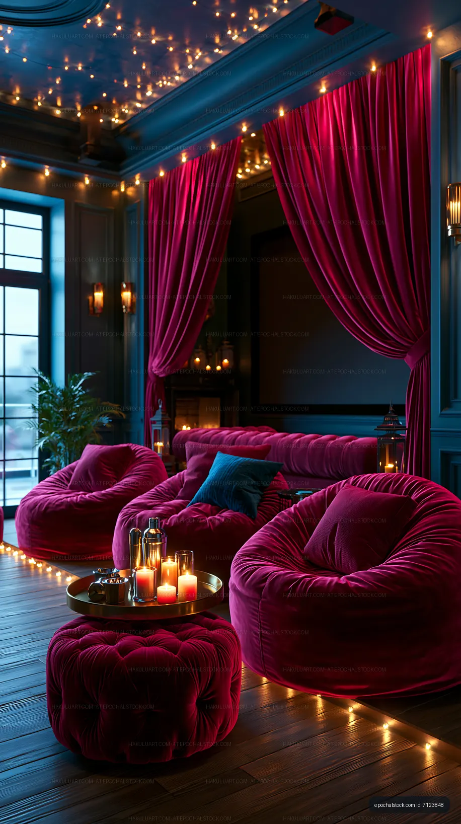 Cozy seating area with pink furniture and warm candlelight