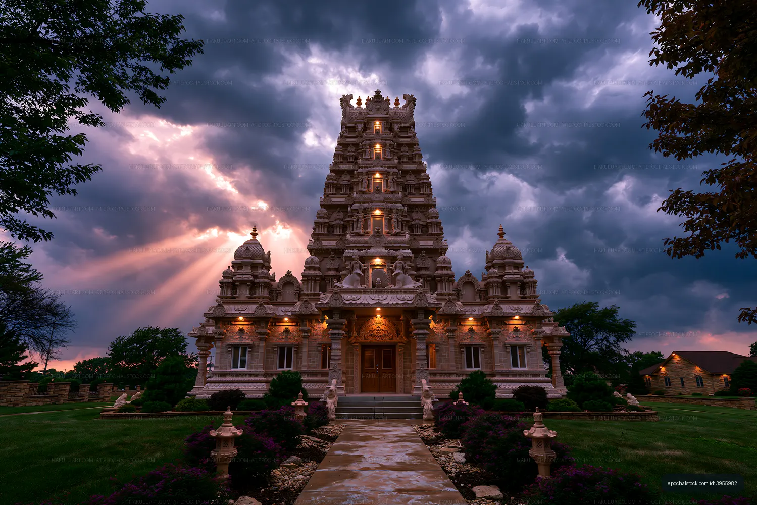 Sky over the temple with trees and clouds at sunset